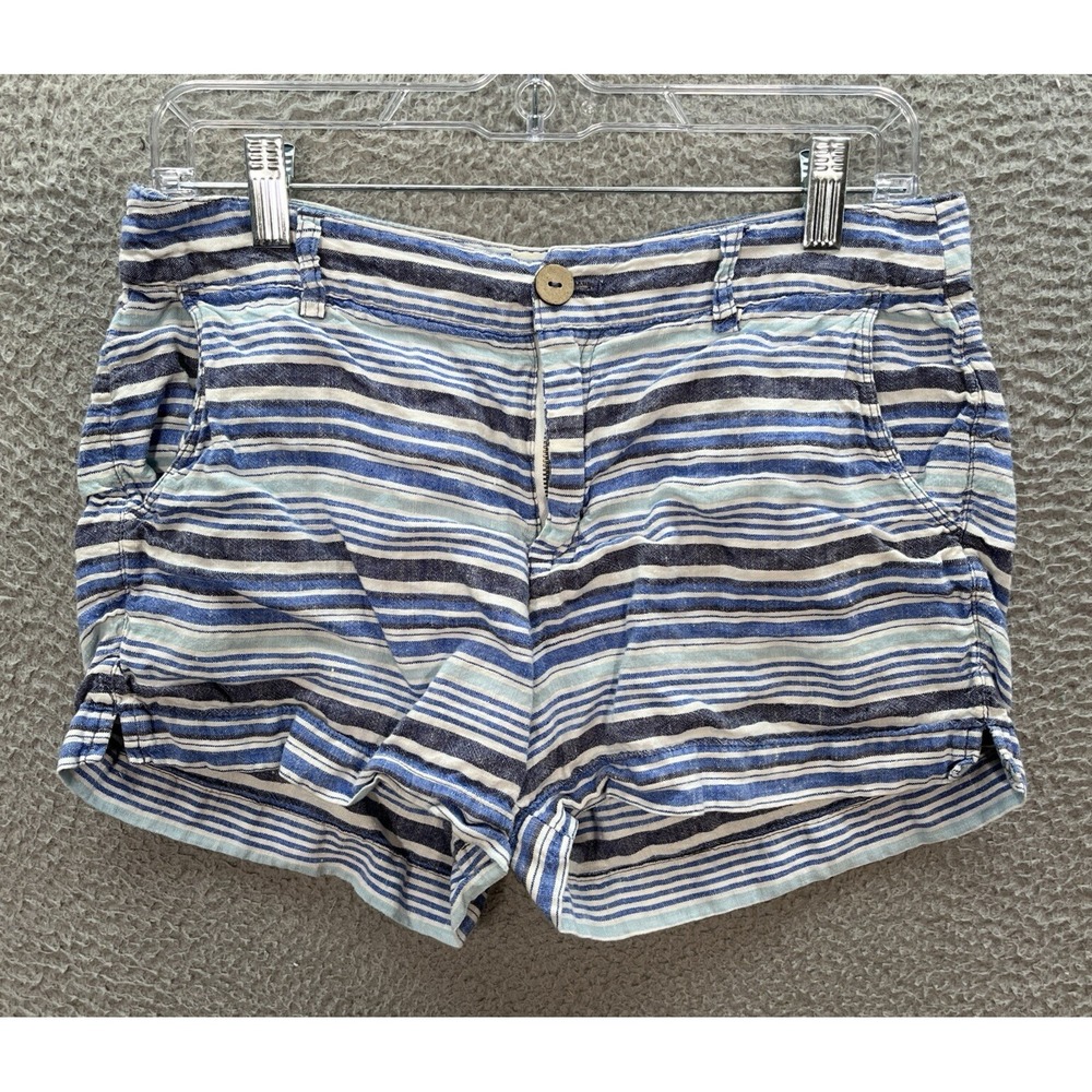 British Khaki Shorts Womens 6 Blue White Striped 100% Linen Nautical Coastal